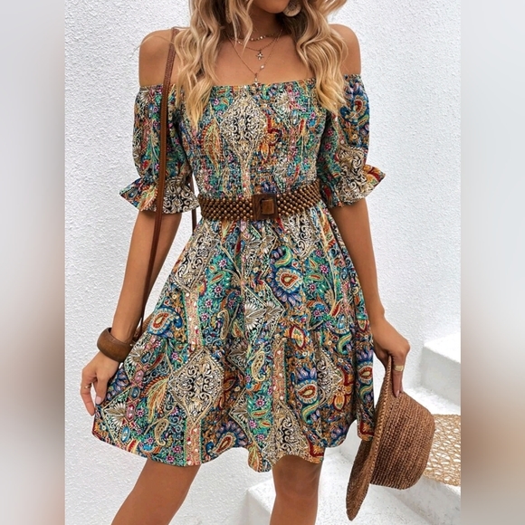 New Chic Boho Paisley Floral Off Shoulder Mini Dress Ruffle Smocked Blue Tan - Picture 2 of 8
